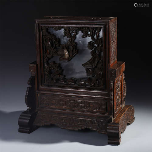 An Exquisite Zitan Table Screen Carved with Figure