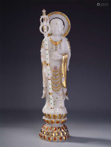 A Chinese Jade and Gold-embellished Figure of Standing Buddha