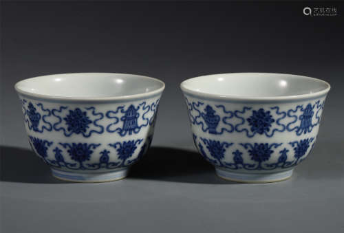 A Pair of Chinese Blue and White Buddhist Cups with Floral Motif