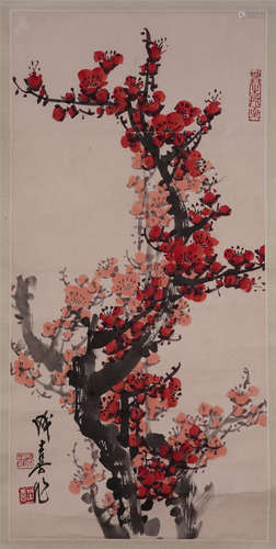 A Chinese Hanging Painting Scroll of Plum Blossom by Wang Chengxi