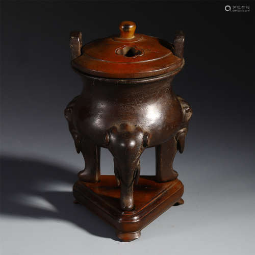 A Chinese Elephant Tripod Censer with Twin Zitan Handles
