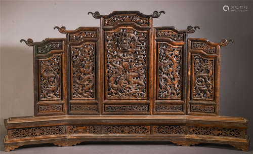 A Chinese Zitan Wood Screen with Dragon Pattern