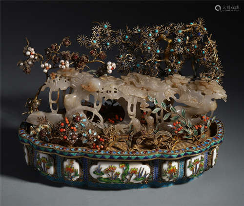 A Chinese Silver Enamelled Agate Bomsai Embellished with Treasure Stone