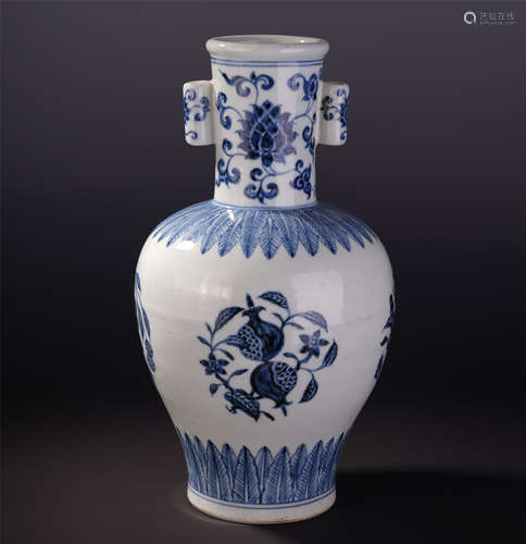 A Chinese Blue and White Twin-Handle Vase with Floral Motif