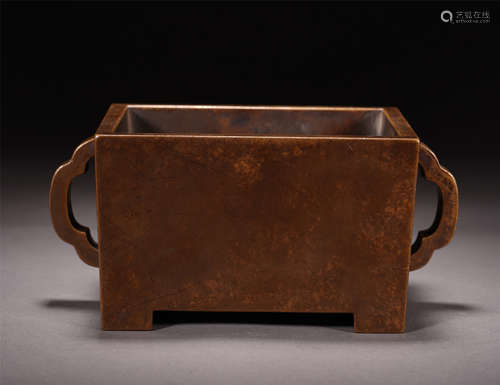 A Chinese Manger-shaped Bronze Censer with Twin Handle