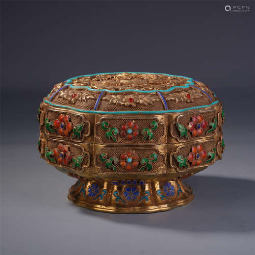 A Chinese Gilt Silver Box Embellished with Treasure