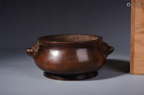 A Chinese Round Bronze Censer with Twin Beast Handle