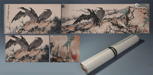 A Chinese Long Painting Scroll of Landscape and Eagle by Pan Tianshou