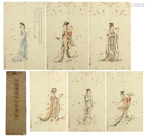 A Chinese Painting Scroll Album of Fairies by Ding Guanpeng, Ink on Paper, 12 Pages