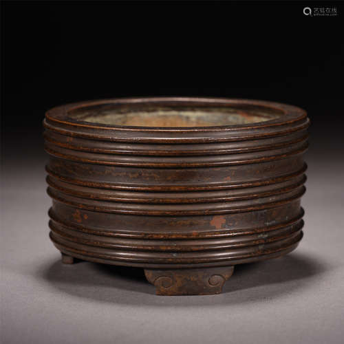 A Chinese Bronze Tripod Censer with String Motif