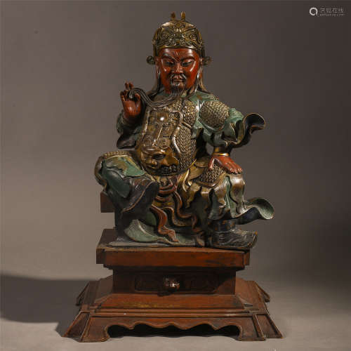 A Chinese Painted Bronze Figure of Seated Guanyu