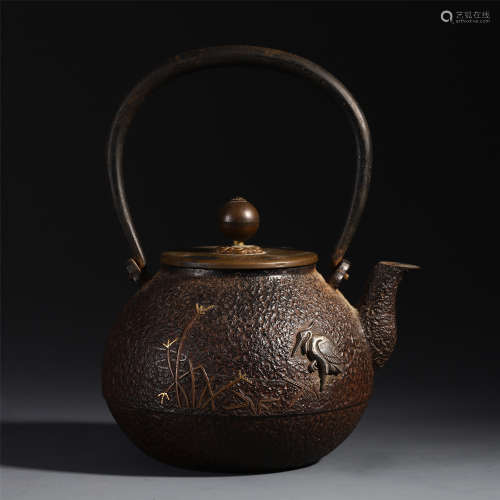 A Chinese Gilt Iron Teapot Embellished with Silver and Gold Ornaments