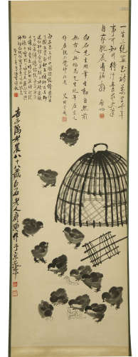 A Chinese Hanging Painting Scroll of Chicken by Qi Baishi, Ink on Paper