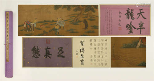 A Chinese Painting Scroll of Hunting by Lang Shining, Ink on Silk