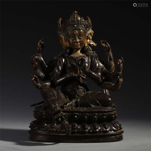 A Chinese Bronze Carved Statue of Three-headed and Eight-armed Guanyin