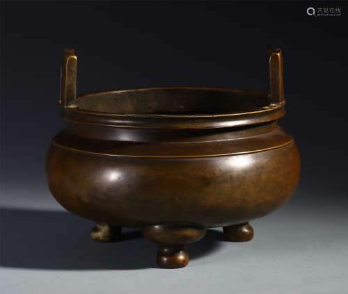 A Chinese Bronze Carved Censer with Standing Handle