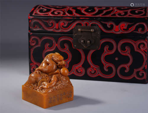 A Chinese Soapstone Carved Seal with Dragon Finial. Qing Dynasty