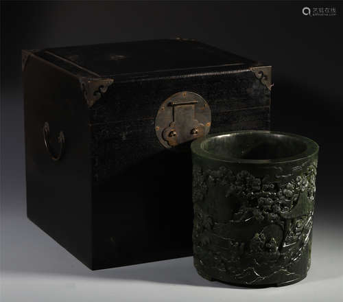 A Rare Chinese Jade Carved Brush Holder