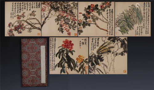 A Chinese Painting Scroll Album of Flowers and Calligraphy by Wu Changshuo