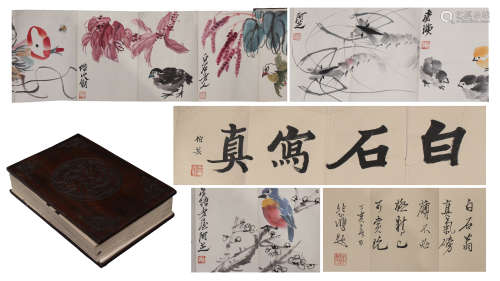 A Chinese Painting Scroll Album of Flowers, Birds and Landscape by Qi Baishi