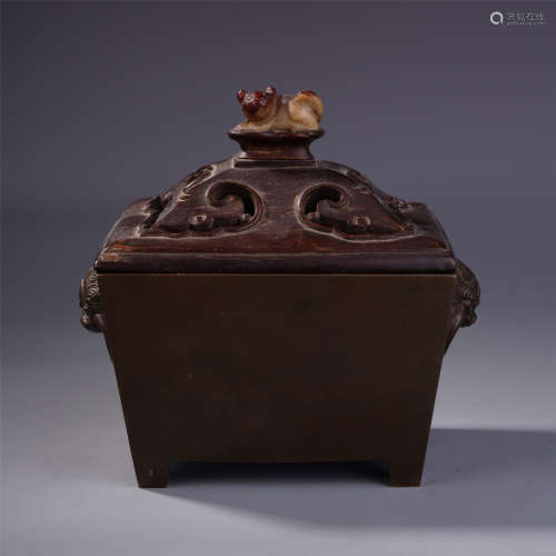 A Chinese Manger-shaped Bronze Censer with Wood Cover and Jade Beast Finial