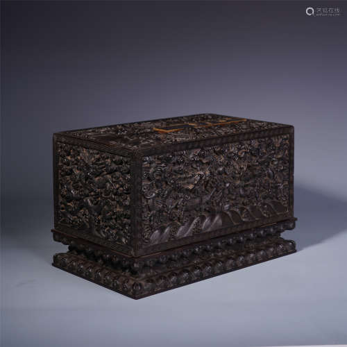 A Chinese Zitan Carved Box Engraved with Dragon Motif and Inlaid with Mother of Pearl