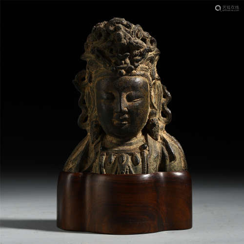A Chinese Bronze Carved Guanyin Head