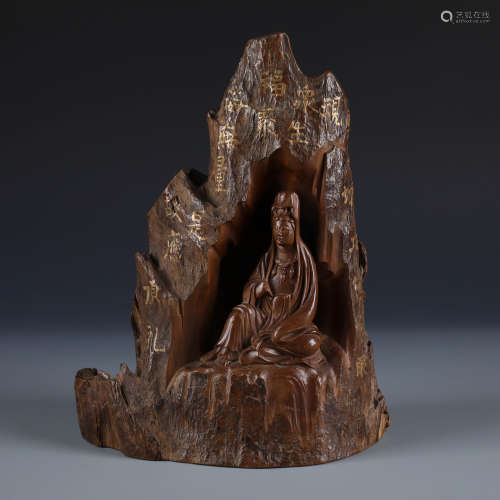A Chinese Carved Sandalwood Incense Burner of Guanyin