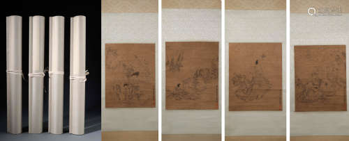 Four Chinese Hand-drawn Paintings of Figures Signed By Shi Tao