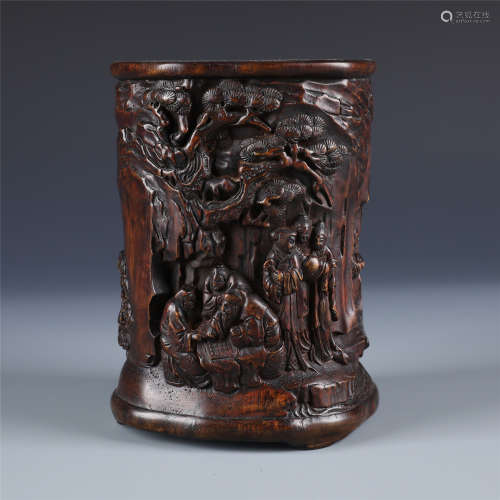 A Chinese Carved Aloeswood Brush Pot