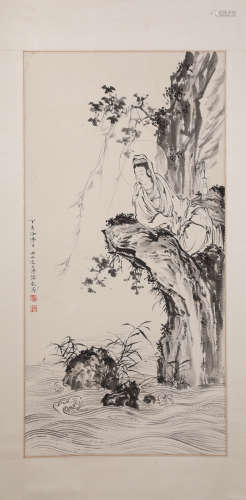 A  Chinese Hand-drawn Painting of Guanyin Signed By Puru