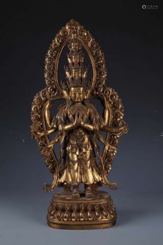 A Rare Chinese Carved Gilt Bronze Figure of Eleven-headed Avalokitesvara