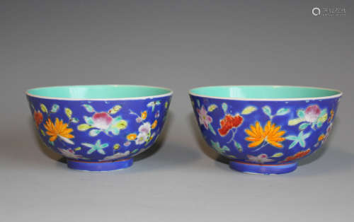 Pair of Chinese Blue Ground Fmaille Rose Bowl