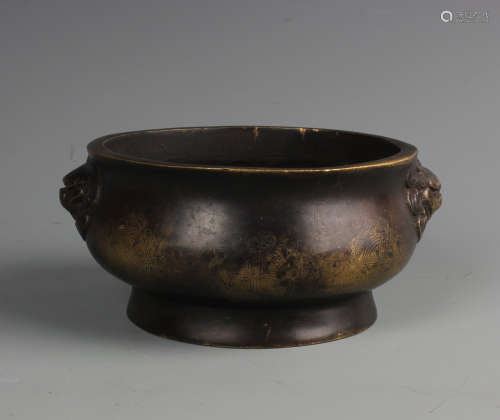 A Chinese Bronze Censer with twin lion handles