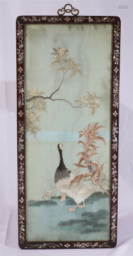 A Chinese Rosewood Framed and Mother of Pearl Inlaid Hanging Cantonese Embroidery Panel