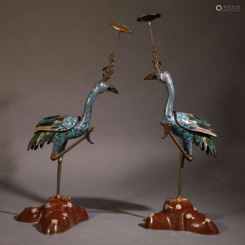 A Chinese Cloisonne Enamelled Crane Candle Stand