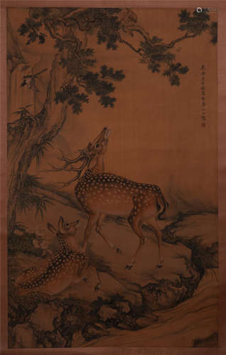 A Chinese Hanging Painting Scroll of Twin Deer by Shen Shuan