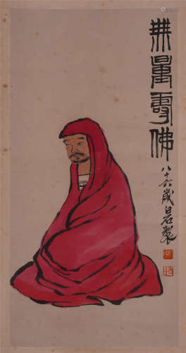 A Chinese Hanging Painting Scroll of Luohan in Red by Qi Baishi