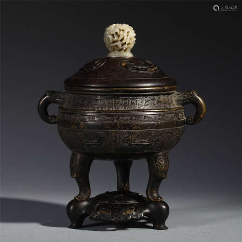 A Chinese Bronze Tripod Censer with Twin Jade Handles