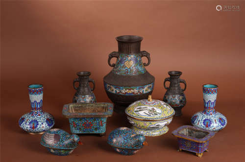 A Set of Archaic Chinese Enamel Ware with Lotus Flower, Dragon and Taotie Motif