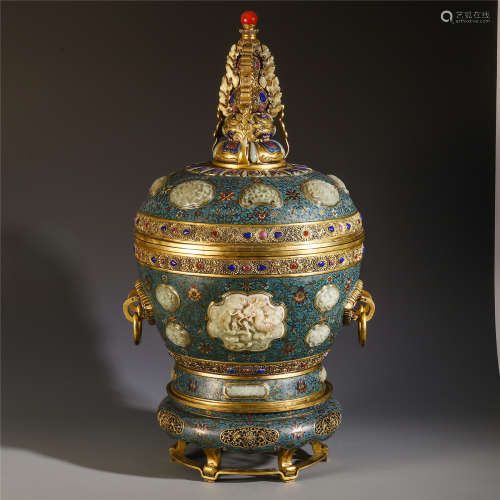 A Chinese Cloisonne Enamelled Jade-embellished Gilt Jar