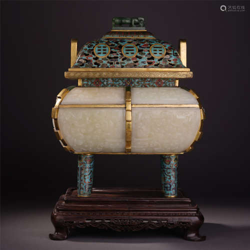 A Chinese Enamelled and Jade-embellished Four-feet Censer with Taotie Mask