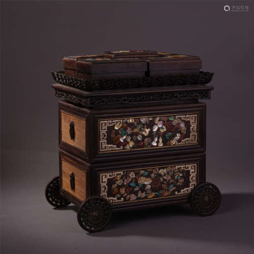 A Chinese Zitan Carved Fragrance Carriage Embellished with Treasure Stone