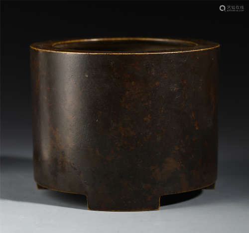 A Chinese Bronze Carved Cylindrical Tripod Censer