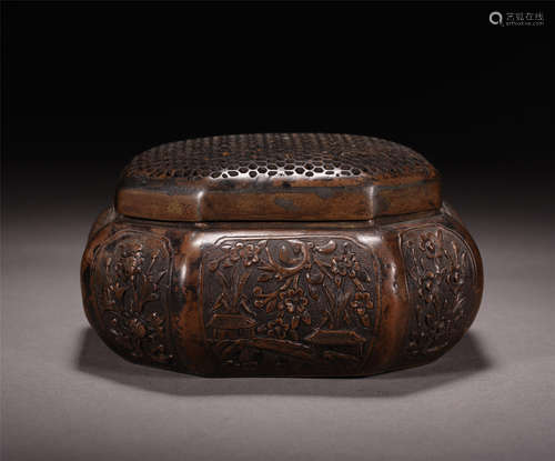 A Chinese Bronze Octangular Hand Warmer Engraved with Floral Motif