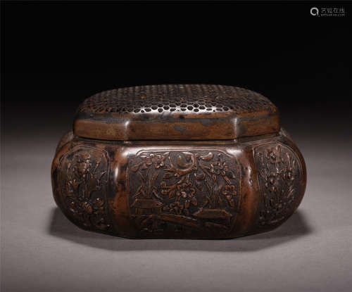 A Chinese Bronze Octangular Hand Warmer Engraved with Floral Motif