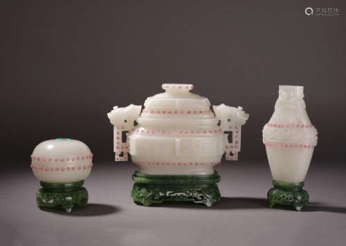 A Chinese Faux Jade and Treasure-embellished  Glass Censer, Vase and Box Set