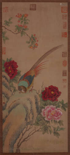 A Chinese Scroll Painting of Flower, Bird, Peony and Rooster by Zhao Chang