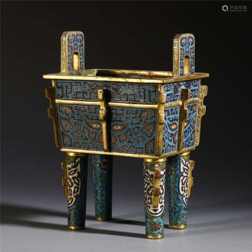 A Chinese Cloisonne Enamelled Four-feet Censer with Twin Handle