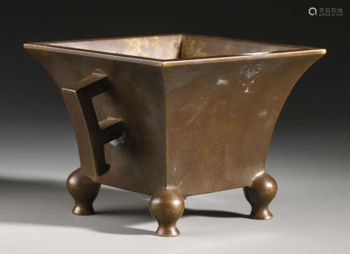 A Square Chinese Bronze Four-feet Censer with Twin Handle